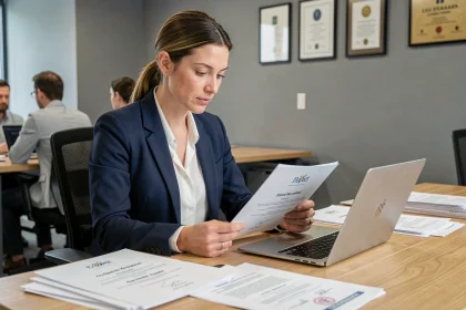Professionnelle examinant un certificat de formation en ligne moocfun dans un bureau moderne