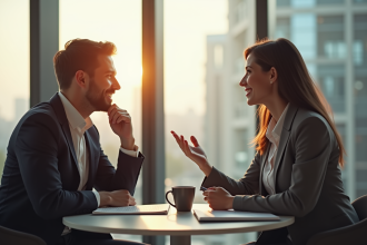 Deux professionnels discutent dans un bureau lumineux et moderne