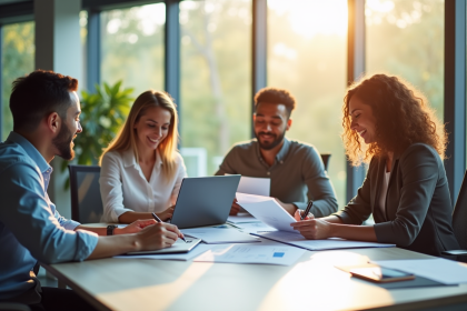 Quatre professionnels en réunion dans un bureau lumineux
