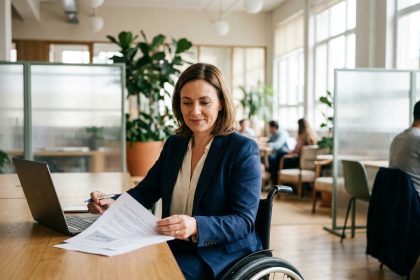 Femme en fauteuil roulant préparant sa recherche d'emploi dans un espace de coworking moderne