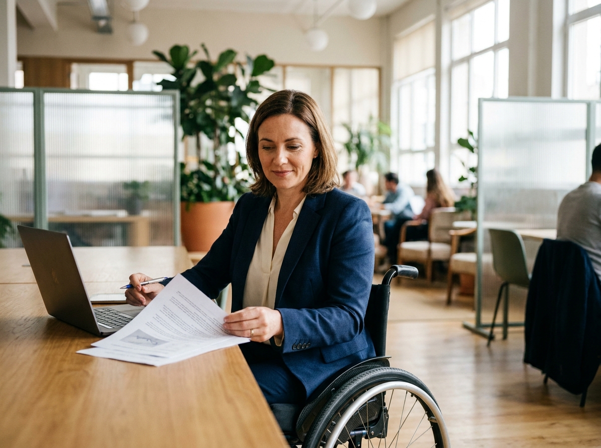 Femme en fauteuil roulant préparant sa recherche d'emploi dans un espace de coworking moderne