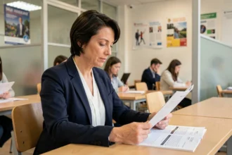 Femme adulte en reconversion professionnelle étudiant des documents de formation dans une salle de cours du Cnam à Saint-Nazaire
