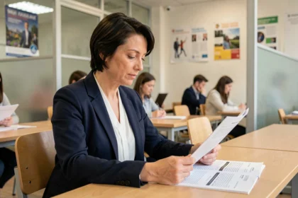 Femme adulte en reconversion professionnelle étudiant des documents de formation dans une salle de cours du Cnam à Saint-Nazaire