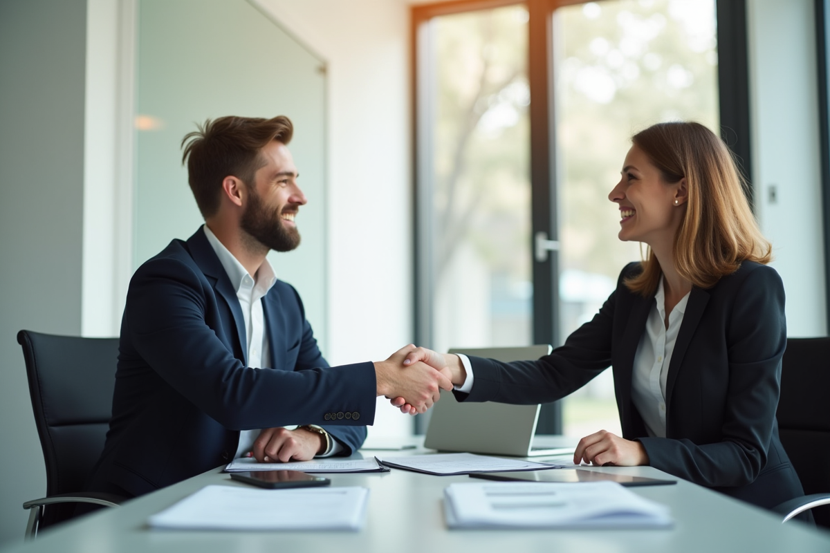 Jeune professionnel serrant la main d'un recruteur dans un bureau lumineux
