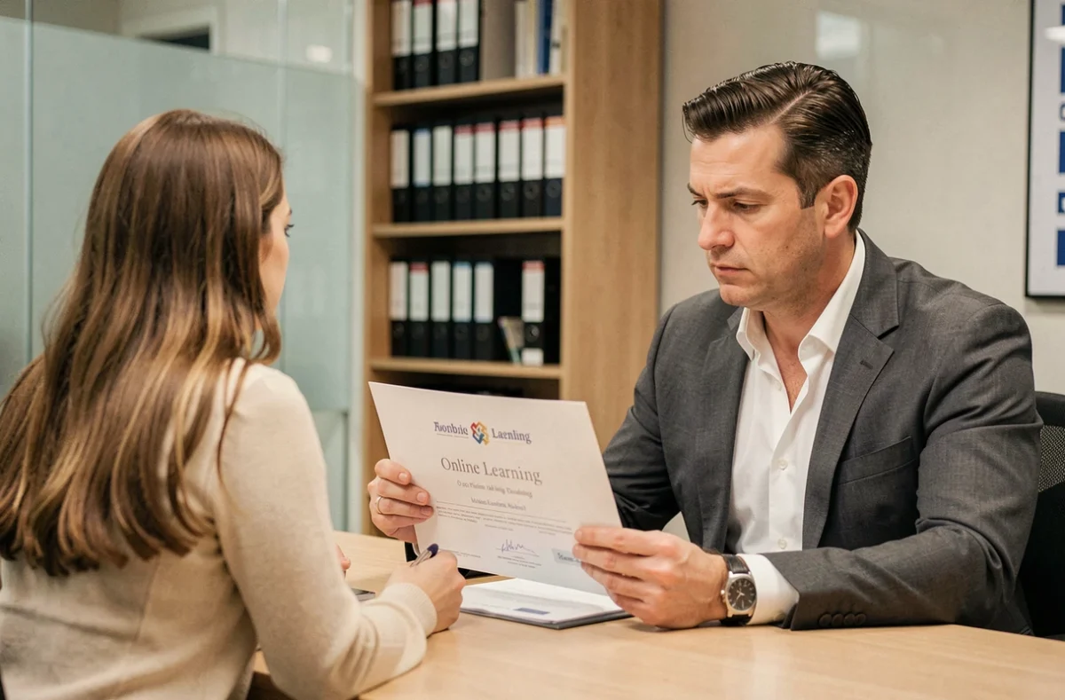 Recruteur analysant un certificat de formation en ligne lors d'un entretien d'embauche