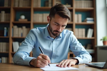 Homme rédigeant une lettre de motivation pour la gendarmerie à son bureau avec des documents officiels