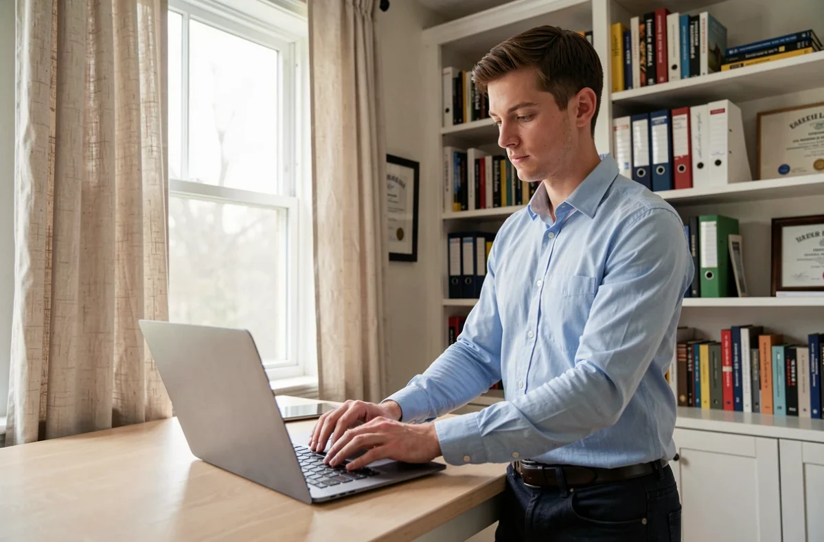 Jeune professionnel rédigeant une lettre de recommandation pour une reconversion sur son ordinateur portable