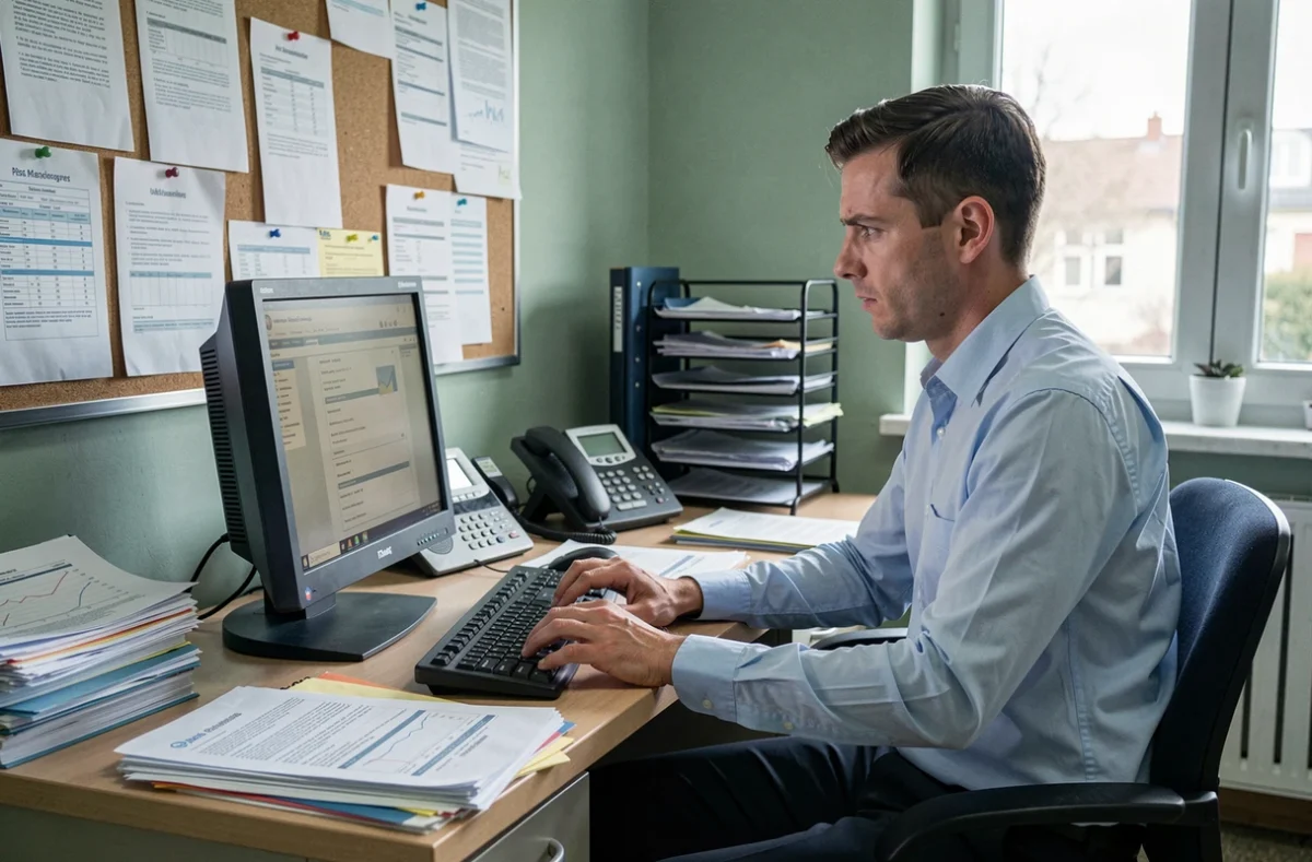 Enseignant consultant un portail administratif scolaire sur ordinateur de bureau dans un bureau d'établissement scolaire