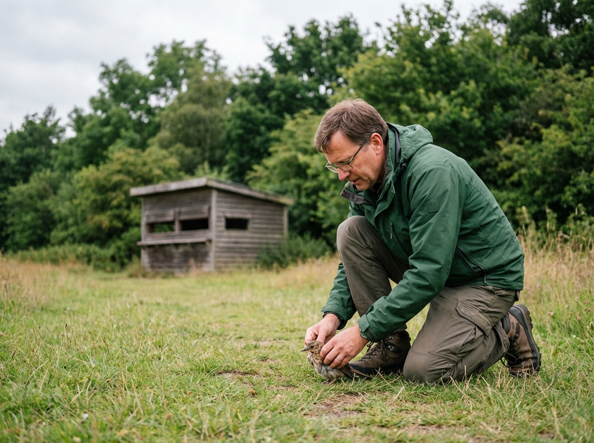 Homme en plein air soignant un oiseau blessé dans une réserve naturelle
