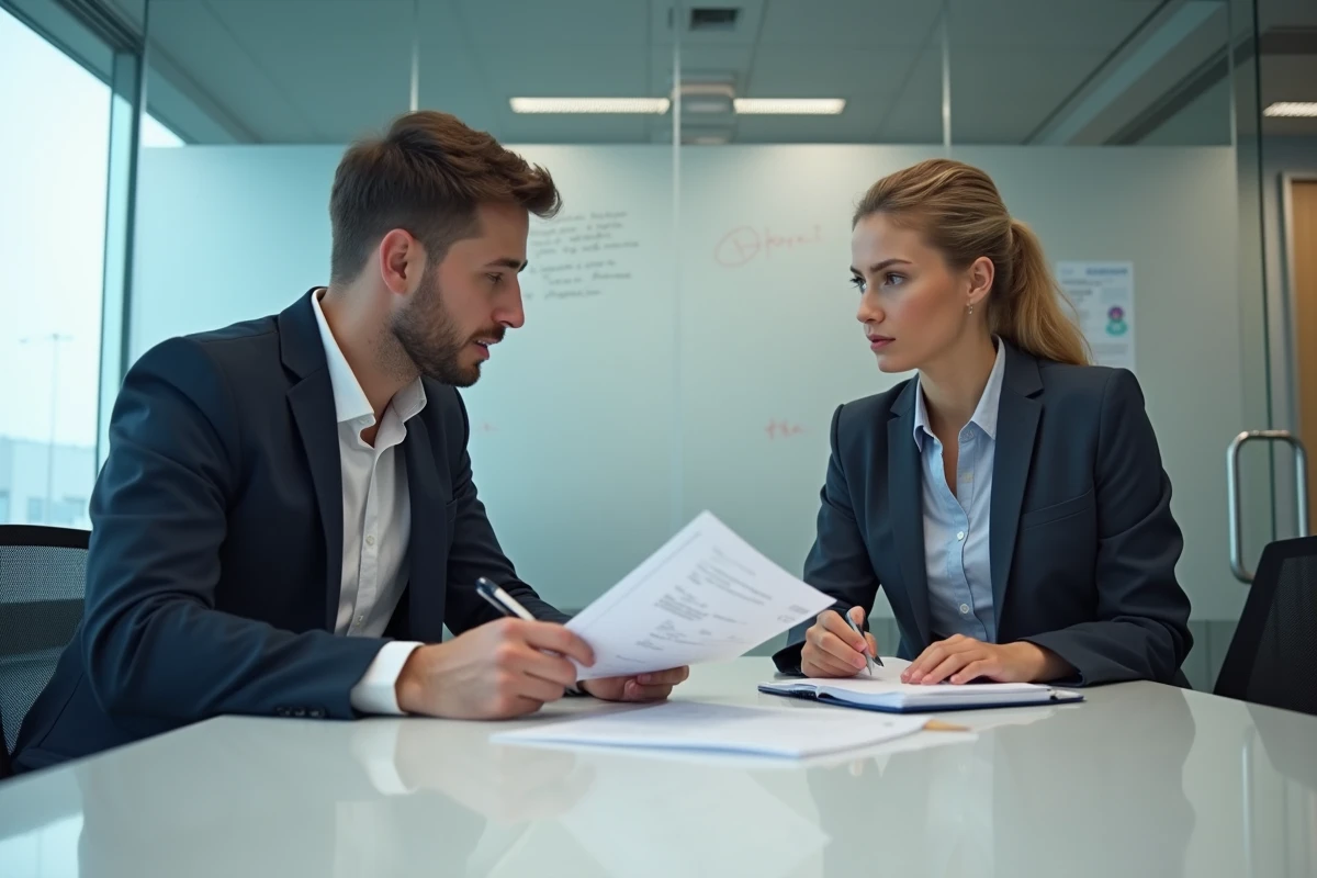 Deux jeunes professionnels en réunion analysant un CV et une lettre de motivation pour une alternance en marketing