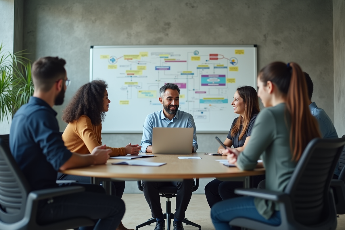 Groupe de collègues discutant autour d une table de réunion