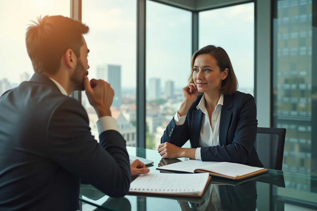 Manager et employe en entretien dans une salle vitree