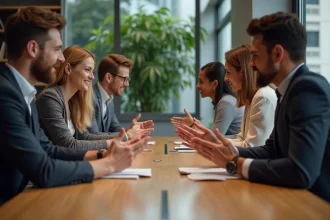 Groupe de professionnels en réunion dans un bureau moderne