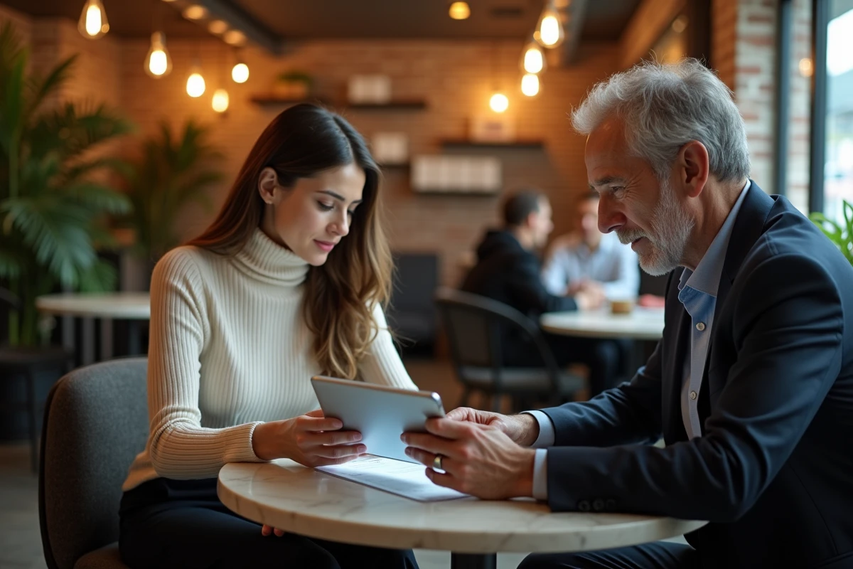 Jeune professionnelle et mentor expérimenté collaborant sur un plan de développement de carrière dans un café urbain