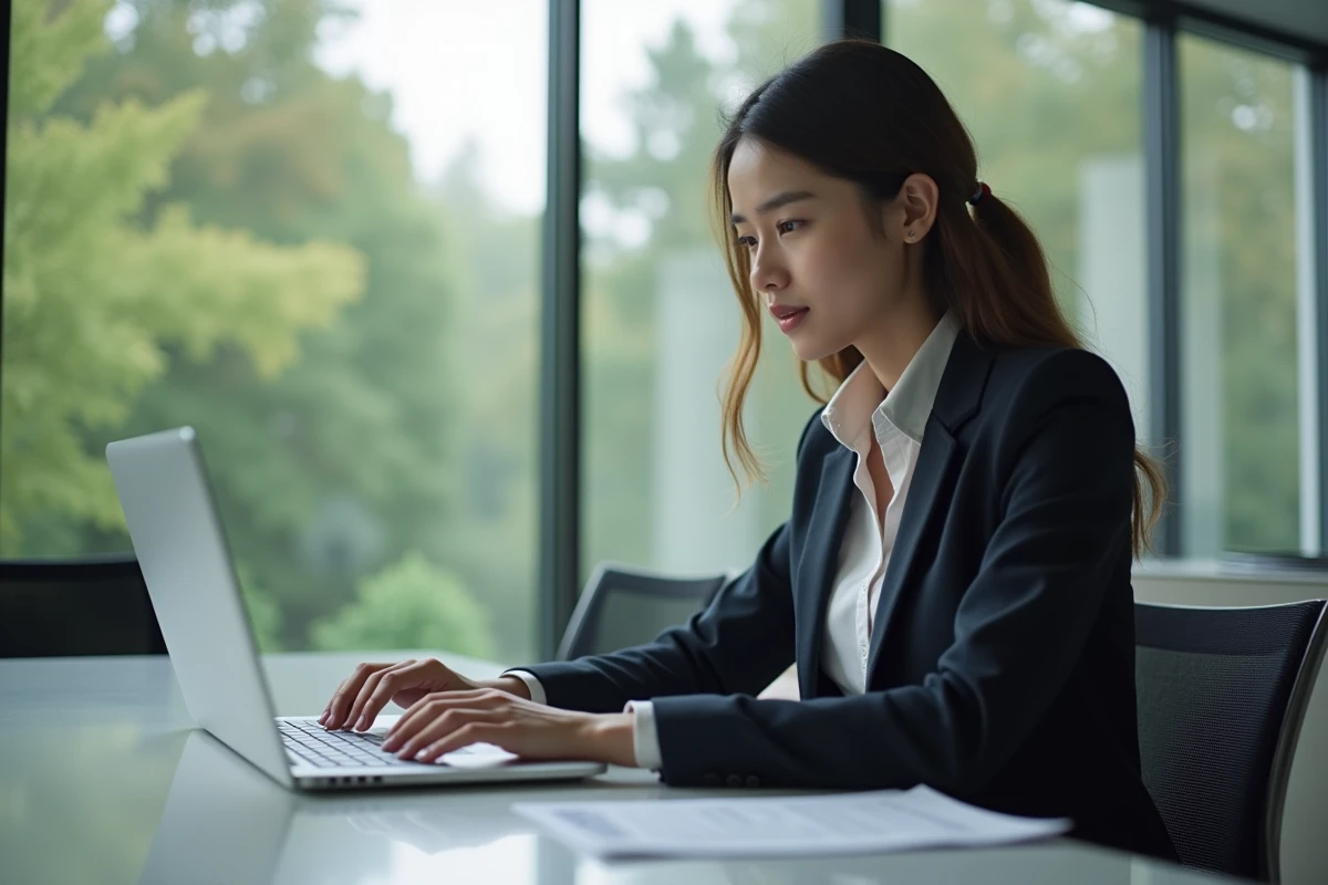 Jeune femme en tenue professionnelle utilisant un ordinateur pour réserver une salle