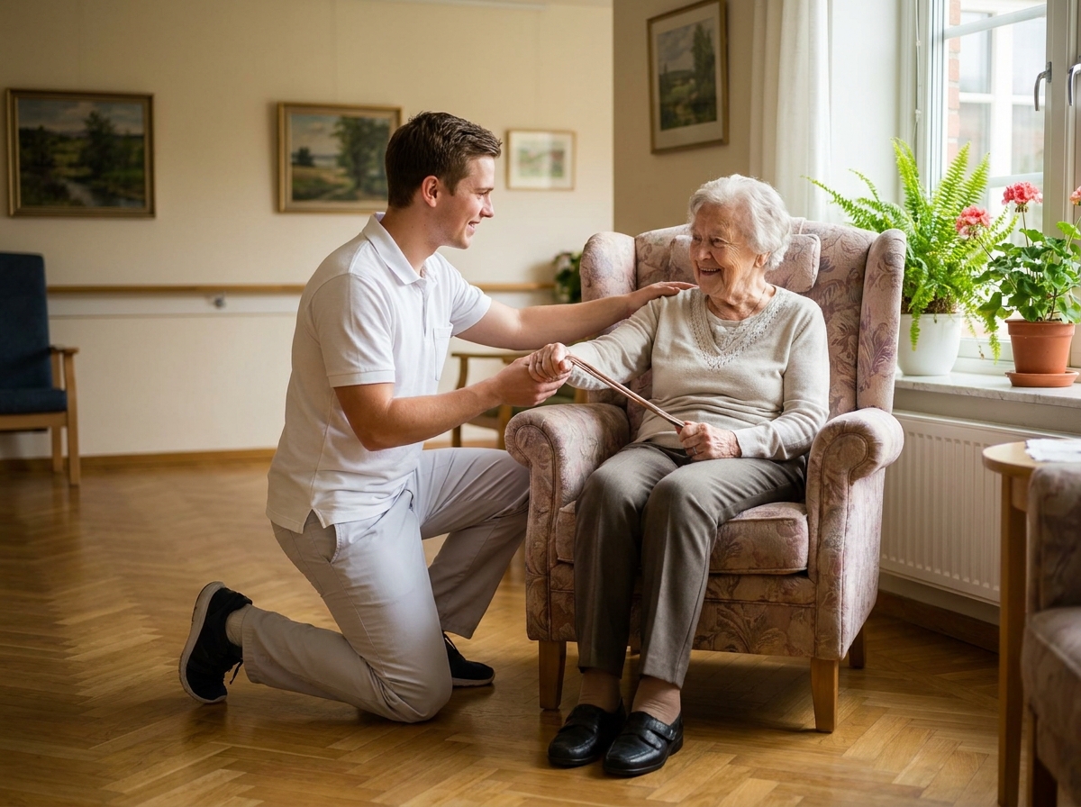 Soignant formé pratiquant une technique d'accompagnement à la mobilité avec une personne âgée dans le salon d'un établissement de soins