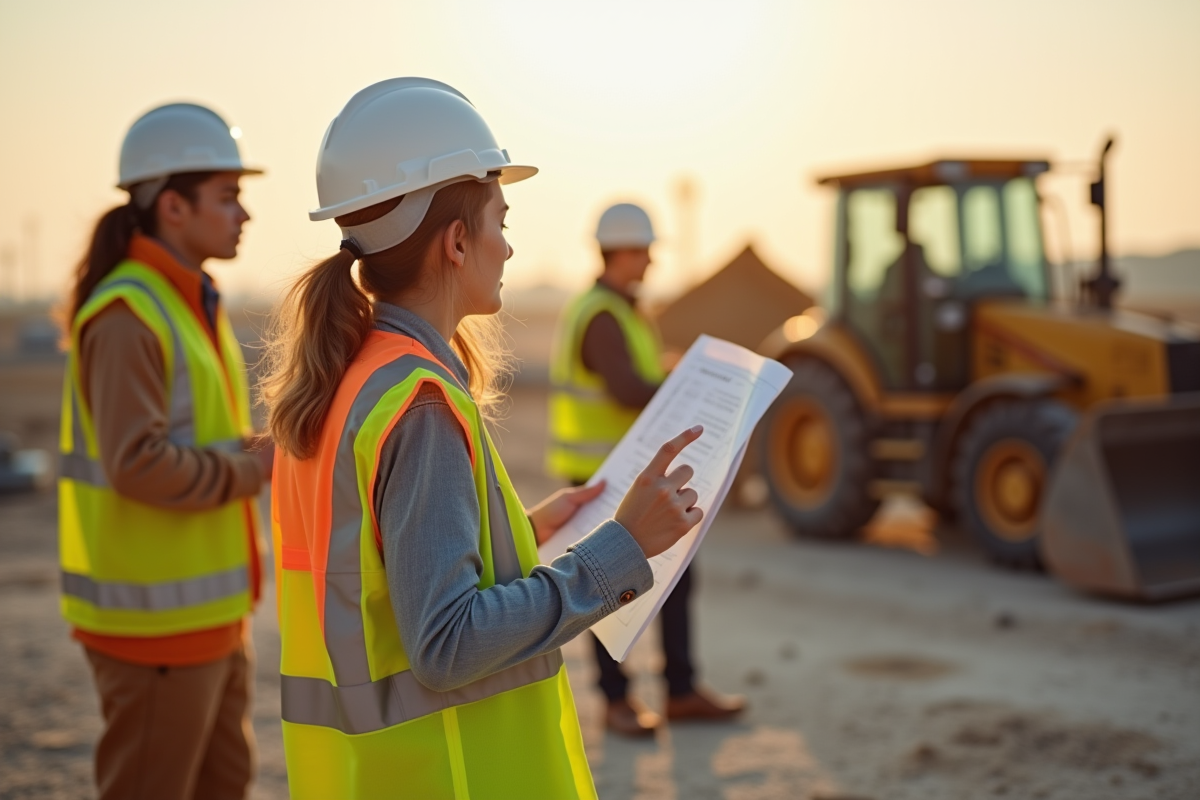 Jeune femme en gilet de sécurité supervisant un chantier