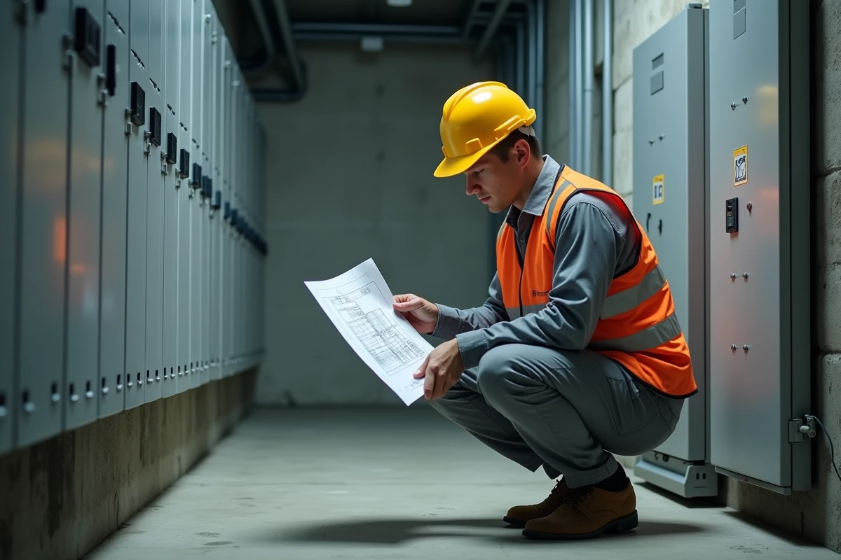 Technicien débutant étudiant un schéma électrique devant un tableau de distribution lors d'une formation Habilec 8