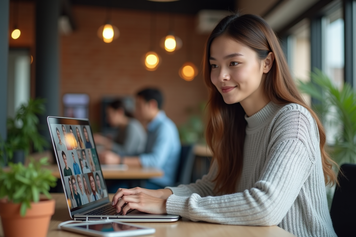 Jeune femme en visio dans un espace de coworking