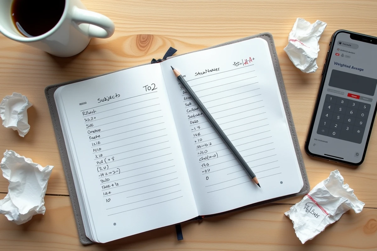 Vue aérienne d'un bureau d'étudiant avec carnet de notes, coefficients manuscrits et calculateur de moyenne sur smartphone